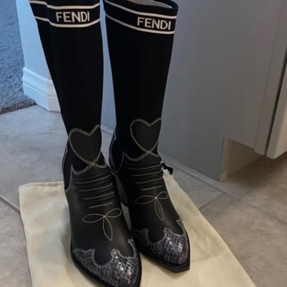NEW!  FENDI Black Cowboy Sock Calf Boot Leather Snakeskin Heart Stitch Size 38